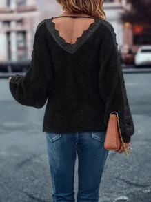 SHEIN Unity Áo len nữ màu trơn Giải trí - màu đen - Xem 2