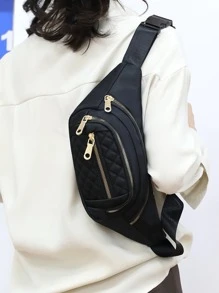 時尚菱形格紋拼接夾層腰包,休閒多袋拉鍊臀包,適合戶外旅行和日常使用的簡約腰包,女性拼接拉鍊前臀包適用於戶外運動 - 黑色 - 查看 2