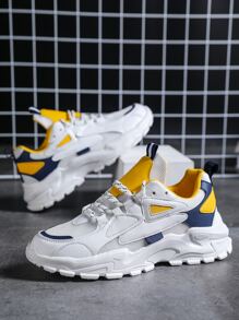 Men Mesh Panel Lace-up Front Chunky Sneakers - White - View 4