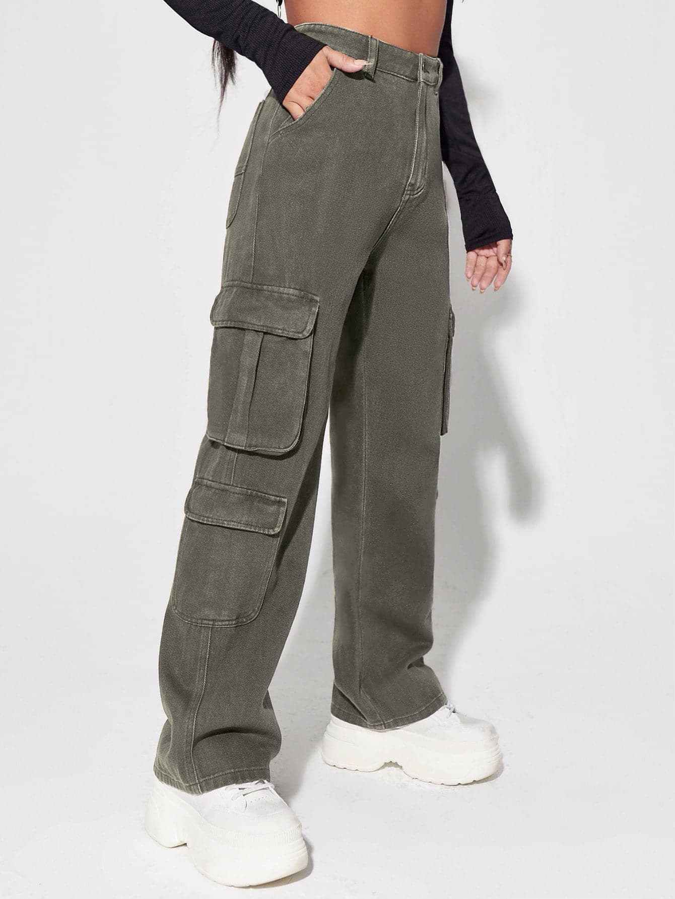 SHEIN EZwear 高腰翻蓋口袋工裝牛仔褲 - 軍綠色 - 查看 1