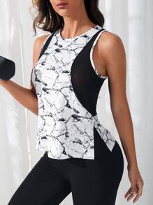 Yoga Trendy Top tank deportivo con estampado de mármol bajo con abertura - Blanco y Negro - Ver 2