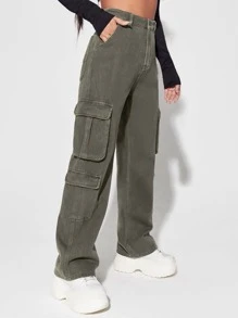 SHEIN EZwear 高腰翻蓋口袋工裝牛仔褲 - 軍綠色 - 查看 5