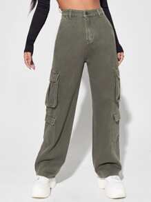 SHEIN EZwear 高腰翻蓋口袋工裝牛仔褲 - 軍綠色 - 查看 6