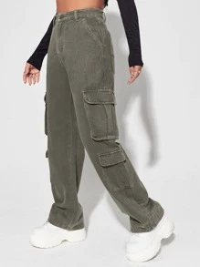 SHEIN EZwear 高腰翻蓋口袋工裝牛仔褲 - 軍綠色 - 查看 7