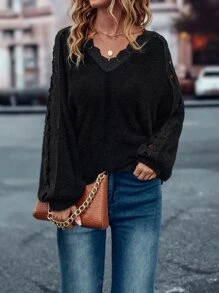 SHEIN Unity Áo len nữ màu trơn Giải trí - màu đen - Xem 5