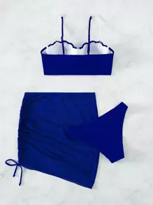 Swim Vcay Conjunto de bikini adornado con perlas, sujetador push up de concha, braguita de bikini y falda de playa Traje de baño de 3 piezas - azul real - Ver 3