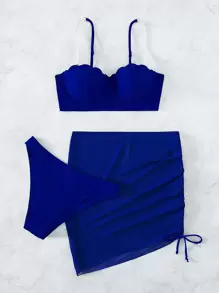 Swim Vcay Conjunto de bikini adornado con perlas, sujetador push up de concha, braguita de bikini y falda de playa Traje de baño de 3 piezas - azul real - Ver 5
