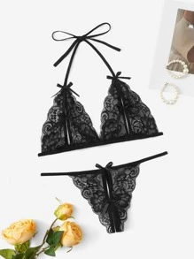 Floral Lace Bow Decor Lingerie Set - Black - View 1