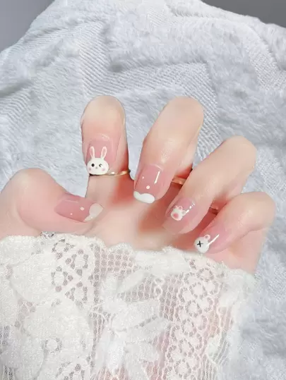 Get Glamorous With 24pcs Short Oval, Cartoon Rabbit Design, Translucent&Cute, Reusable Fake Nail Kit, For Women & Girls Press On Nails Nail Supplies