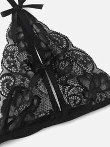 Floral Lace Bow Decor Lingerie Set - Black - View 4