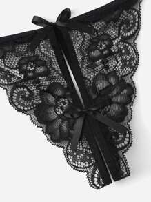 Floral Lace Bow Decor Lingerie Set - Black - View 5
