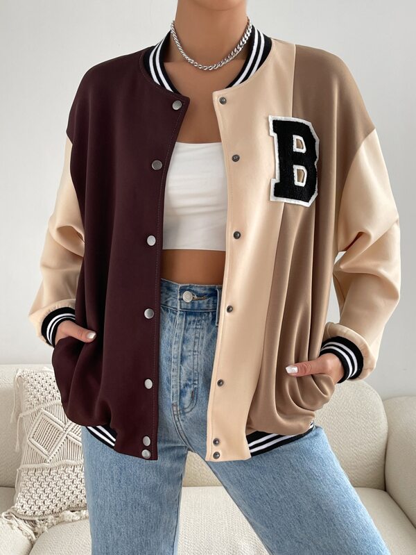 SHEIN EZwear Letter Patched Striped Trim Drop Shoulder Varsity Jacket