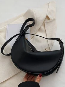 Versatile Fashion Casual Niche Design Minimalist Solid Color Zipper Shoulder Sling Saddle Bag, Large Capacity, Commuter Baguette Bag , Small Bags - Black - View 3