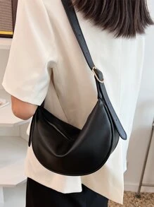 Versatile Fashion Casual Niche Design Minimalist Solid Color Zipper Shoulder Sling Saddle Bag, Large Capacity, Commuter Baguette Bag , Small Bags - Black - View 5