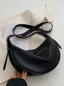 Versatile Fashion Casual Niche Design Minimalist Solid Color Zipper Shoulder Sling Saddle Bag, Large Capacity, Commuter Baguette Bag , Small Bags - Black - View 9