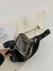 Versatile Fashion Casual Niche Design Minimalist Solid Color Zipper Shoulder Sling Saddle Bag, Large Capacity, Commuter Baguette Bag , Small Bags - Black - View 10