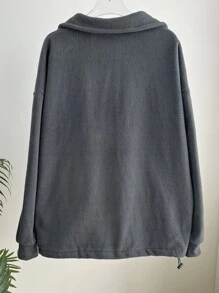 DAZY Patched Detail Drawstring Hem Drop Shoulder Fleece Pullover,Fall Women Clothes Sweatshirt