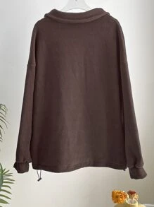 DAZY Patched Detail Drawstring Hem Drop Shoulder Fleece Pullover,Fall Women Clothes Sweatshirt - Coffee Brown - View 6