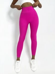 Yoga Basic Quần tất thể thao Liền mạch Căng cao Scrunch Butt Kiểm soát bụng Quần bó huấn luyện - Màu Hồng Tươi - Xem 2