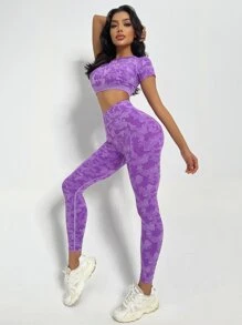 Yoga Trendy Camo Print Scrunch Butt Raglan Sleeve Sports Set - Lilac Purple - View 2