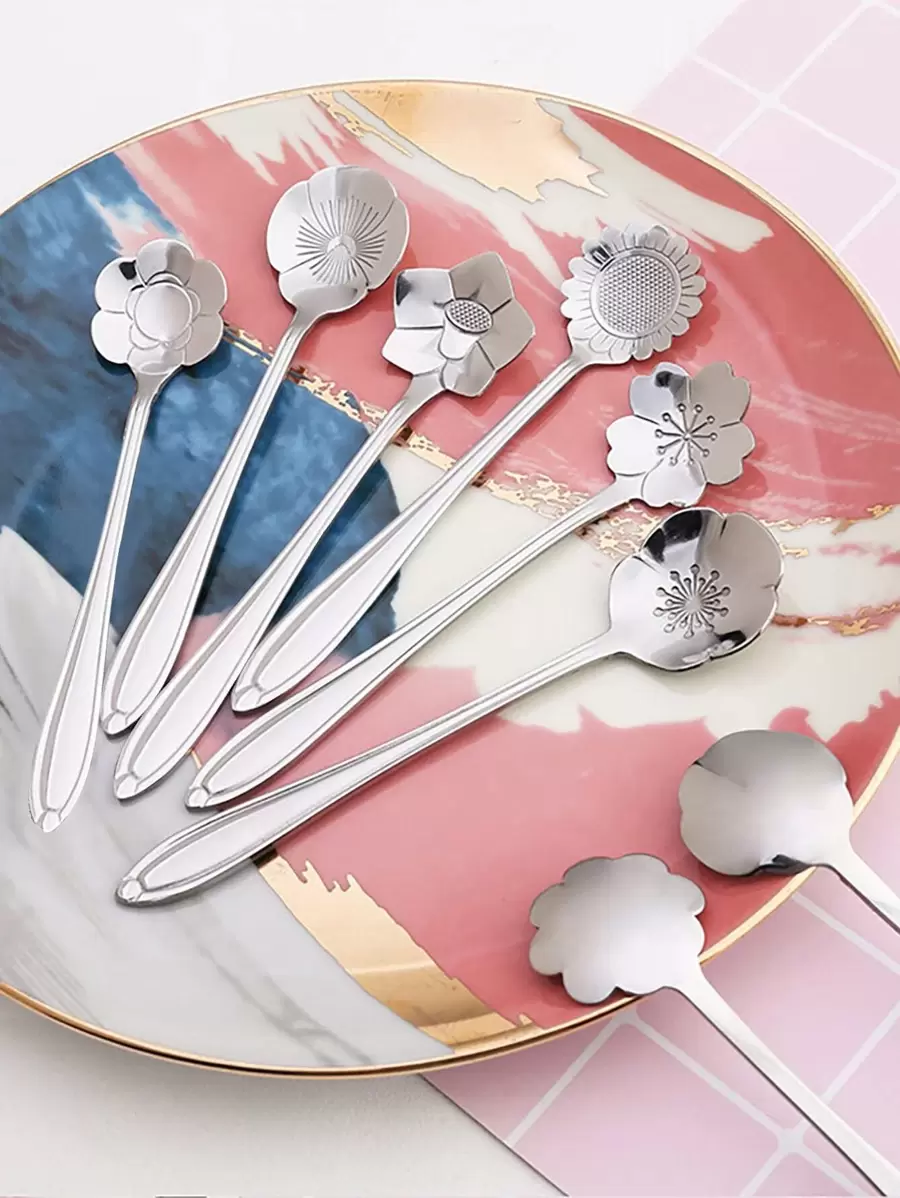 6pcs Carving Flower Random Spoon - Silver - View 1