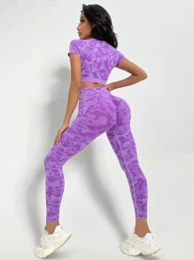 Yoga Trendy Camo Print Scrunch Butt Raglan Sleeve Sports Set - Lilac Purple - View 5