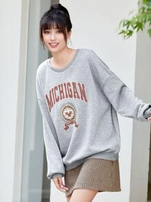 SHEIN Unity Letter & Eagle Print Sweatshirt - Grey - View 1