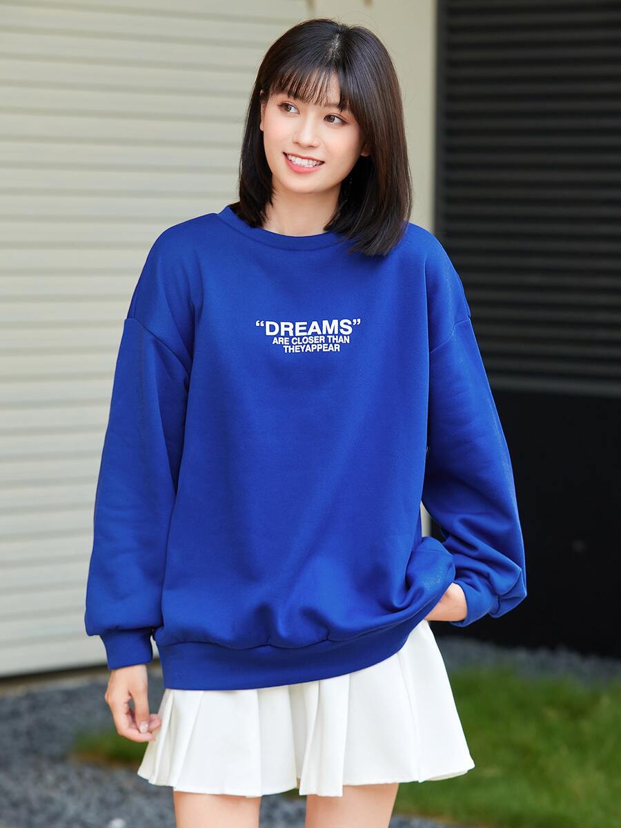 SHEIN Unity 落肩字母圖案超大號套頭衫 - 藍色 - 查看 1