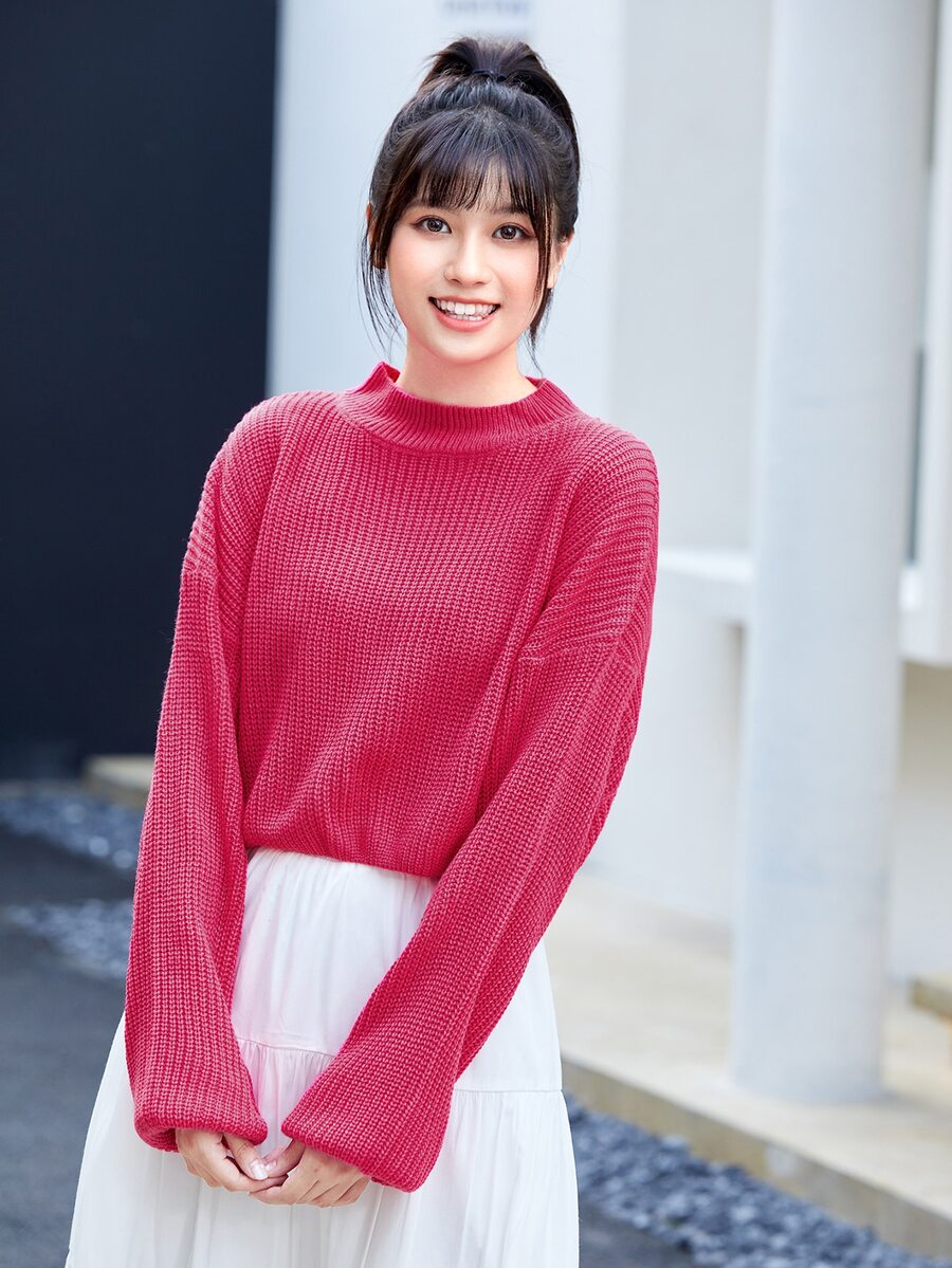 SHEIN Essnce Áo len dệt kim trễ vai cho mùa thu/đông - Màu Hồng Tươi - Xem 1