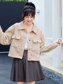 EMERY ROSE 前扣贴袋短款夹克，女士春/秋休闲纽扣、口袋落肩领常规版型杏色纯色女士夹克，休闲日常穿着 - 杏色 - 查看 1