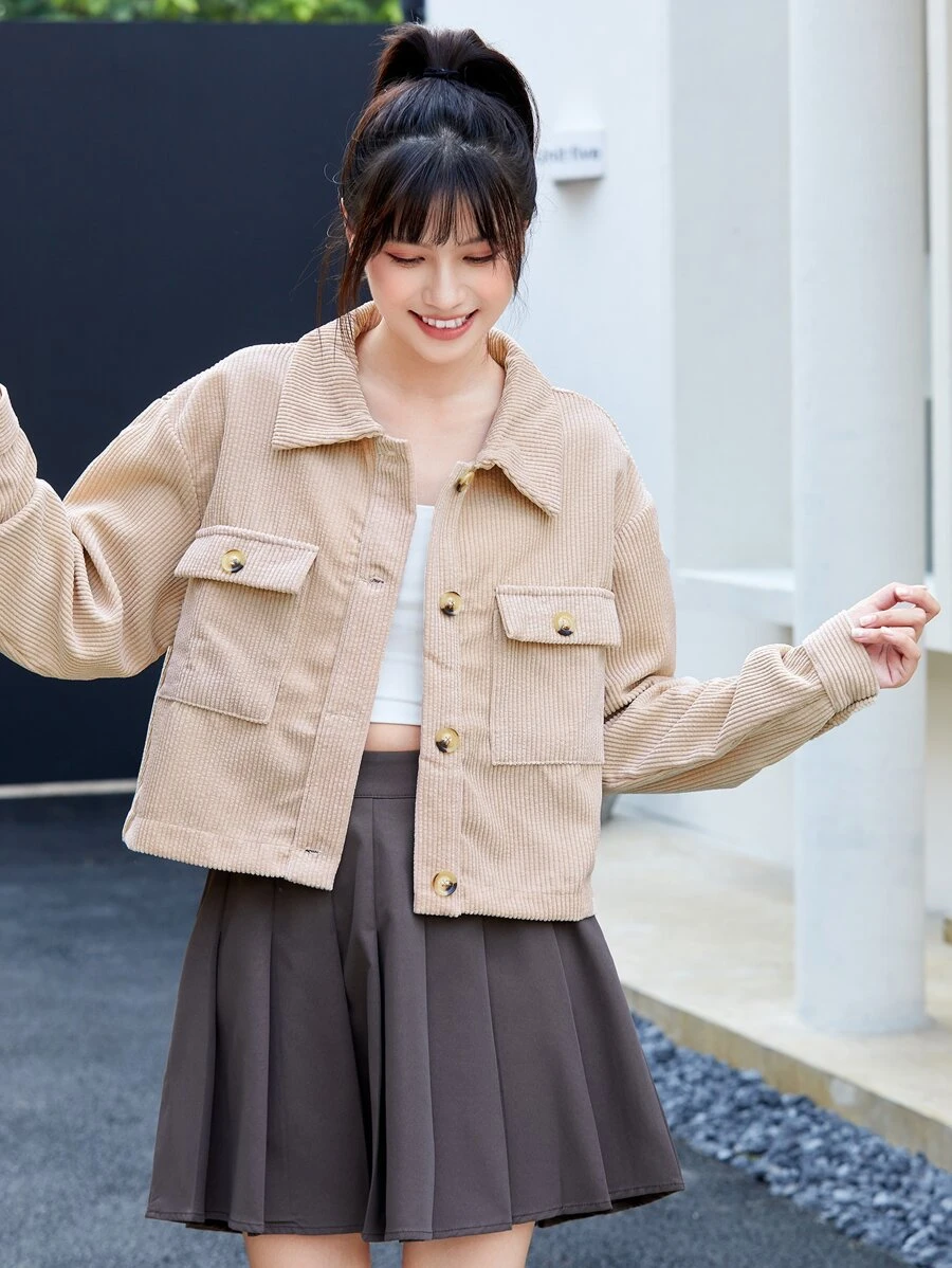 EMERY ROSE 前扣贴袋短款夹克，女士春/秋休闲纽扣、口袋落肩领常规版型杏色纯色女士夹克，休闲日常穿着 - 杏色 - 查看 1