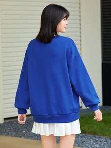 SHEIN Unity 落肩字母圖案超大號套頭衫 - 藍色 - 查看 2