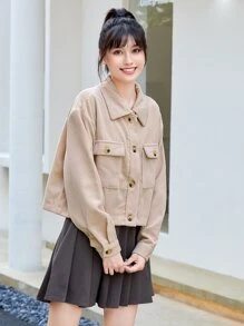 EMERY ROSE 前扣贴袋短款夹克，女士春/秋休闲纽扣、口袋落肩领常规版型杏色纯色女士夹克，休闲日常穿着 - 杏色 - 查看 3