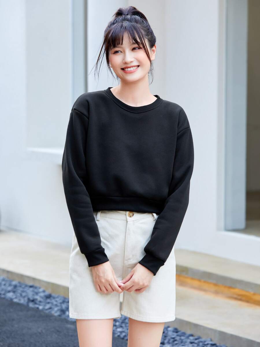 INAWLY Solid Round Neck Thermal Pullover,Long Sleeve Tops Graduation,Teacher,Back To School Fall - Black - View 1