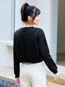 INAWLY Solid Round Neck Thermal Pullover,Long Sleeve Tops Graduation,Teacher,Back To School Fall - Black - View 2