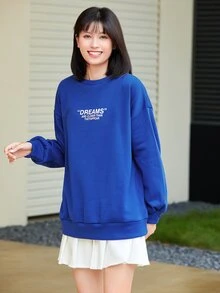 SHEIN Unity 落肩字母圖案超大號套頭衫 - 藍色 - 查看 3