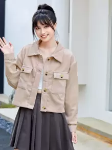 EMERY ROSE 前扣贴袋短款夹克，女士春/秋休闲纽扣、口袋落肩领常规版型杏色纯色女士夹克，休闲日常穿着 - 杏色 - 查看 4