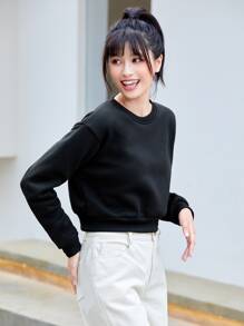 INAWLY Solid Round Neck Thermal Pullover,Long Sleeve Tops Graduation,Teacher,Back To School Fall - Black - View 3