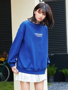 SHEIN Unity 落肩字母圖案超大號套頭衫 - 藍色 - 查看 4