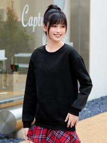 INAWLY 纯色圆领保暖套头衫，长袖上衣，适合毕业季、教师节、返校季等场合。 - 黑色 - 查看 5