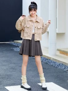 EMERY ROSE 前扣贴袋短款夹克，女士春/秋休闲纽扣、口袋落肩领常规版型杏色纯色女士夹克，休闲日常穿着 - 杏色 - 查看 5