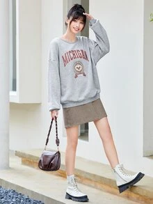 SHEIN Unity Letter & Eagle Print Sweatshirt - Grey - View 5