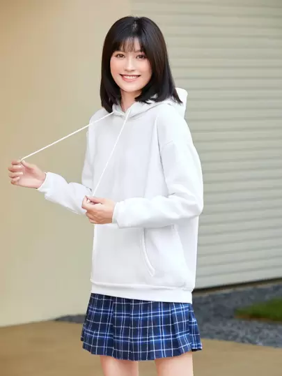 INAWLY 素色袋鼠口袋落肩袖抽繩保暖連帽衫