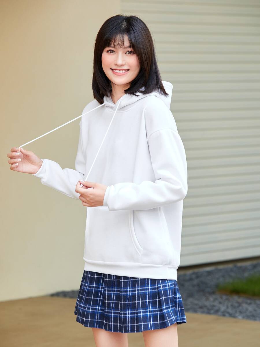 INAWLY Solid Kangaroo Pocket Drop Shoulder Drawstring Thermal Hoodie - White - View 1