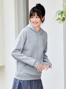 INAWLY 纯色袋鼠口袋保暖内衬连帽衫、长袖上衣