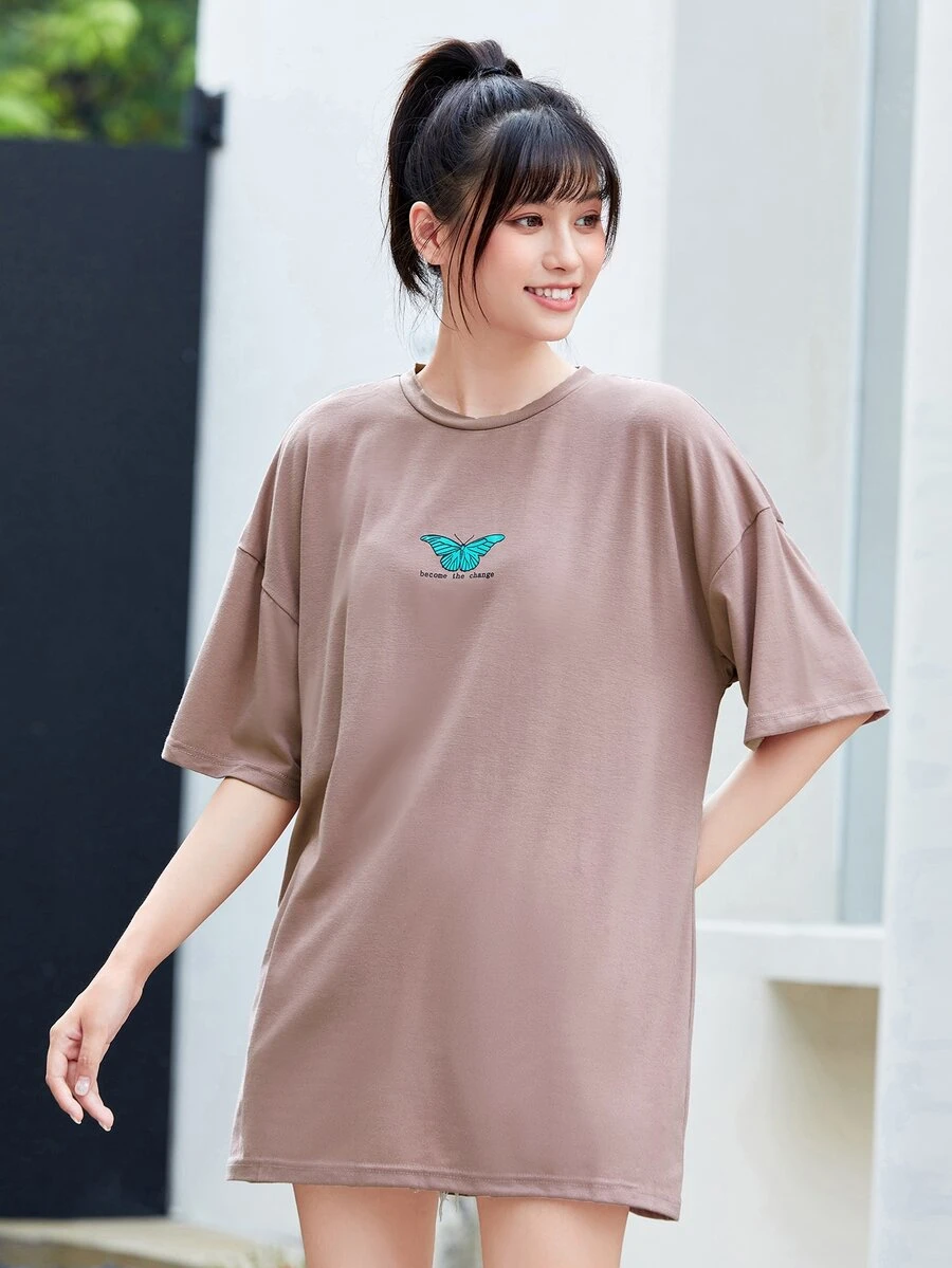 SHEIN Unity Letter & Butterfly Graphic Longline Tee - Apricot - View 1