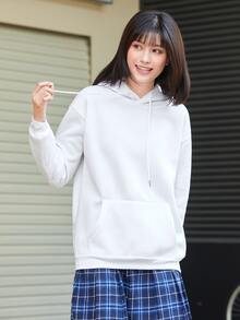 INAWLY Solid Kangaroo Pocket Drop Shoulder Drawstring Thermal Hoodie - White - View 3