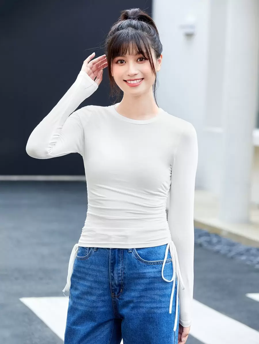 SHEIN EZwear Drawstring Ruched Solid Tee - White - View 1