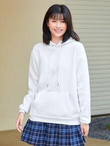 INAWLY Solid Kangaroo Pocket Drop Shoulder Drawstring Thermal Hoodie - White - View 4