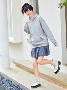 INAWLY 纯色袋鼠口袋保暖内衬连帽衫、长袖上衣